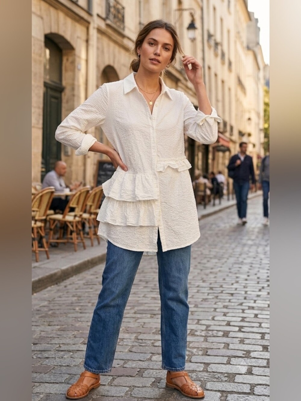 Soft Surroundings Cream Textured Ruffle Hem Button-Up Blouse